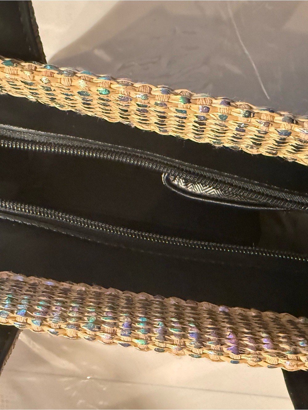 Woven Straw Tote Bag with Iridescent Accent - Black Interior